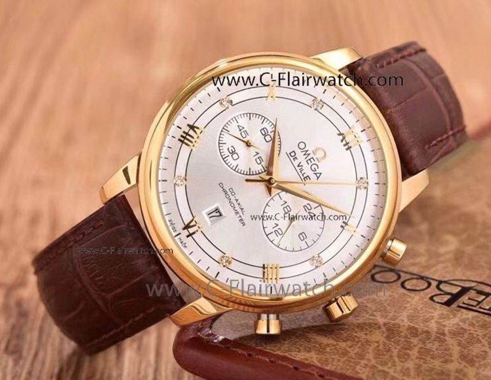 Replica Omega de Ville Chrono Watch Gold Case Silver Dial
